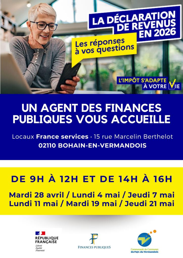 Affiche pour les dates des permanences des Finances Publiques en avril et mai 2026 pour la déclaration d'impôt sur les revenus